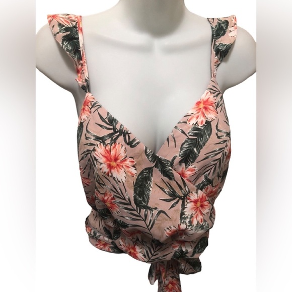 Express VTG Y2K Hawaiian Print Wrap Style Crop Top M Smock Back Floral Ruffles - Picture 6 of 7